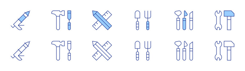 Tools icon set in two styles, Duotone and Thin Line style. Editable stroke. shovel, glue gun, hammer, tools, sketch