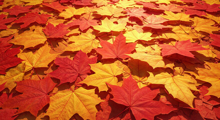 Fototapeta premium Fallen maple leaves in red and yellow, autumn background
