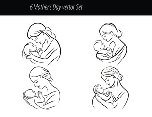 Elegant Mother's Day Vector Set – Loving Mom and Baby Line Art Illustrations.