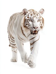 Obraz premium Majestic White Tiger Walking Isolated - A magnificent white tiger with brown stripes strides forward, symbolizing power, grace, beauty, wildness, and freedom