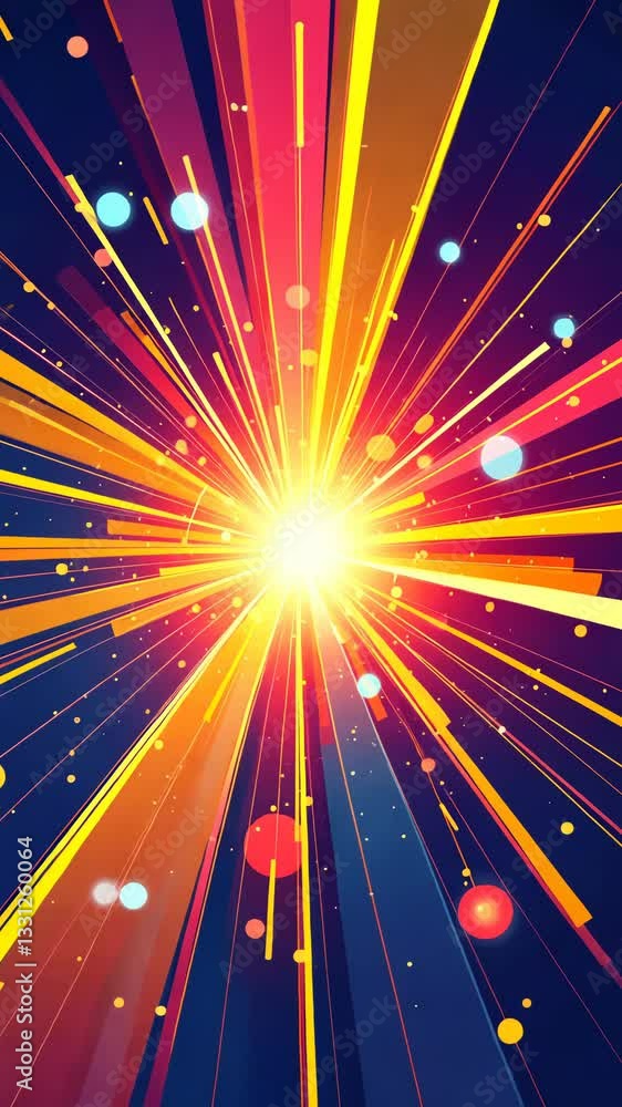Poster A colorful explosion of light with a bright yellow sun in the center. There are many small dots scattered throughout the image