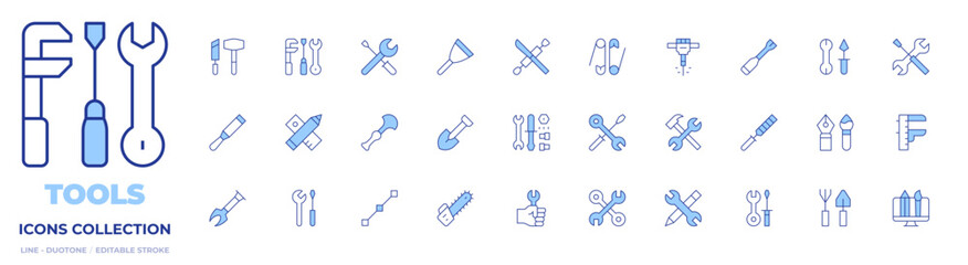 Tools icons collection. Line Duotone style, editable stroke. chainsaw, settings, leather, putty knife, rasp, spatula, shovel, repair, tool, design tools, tools