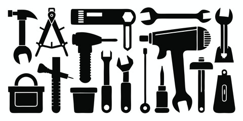 Black Silhouette Vector Graphic of Handyman Tools: Hammer, Wrench, Drill, Toolbox, and More for Construction, Repair, and DIY Projects