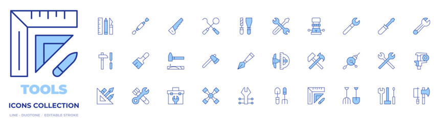 Tools icons collection. Line Duotone style, editable stroke. crossed hammers, toolbox, measurement, nail, set square, hand drill, handsaw, router, axe, wrench