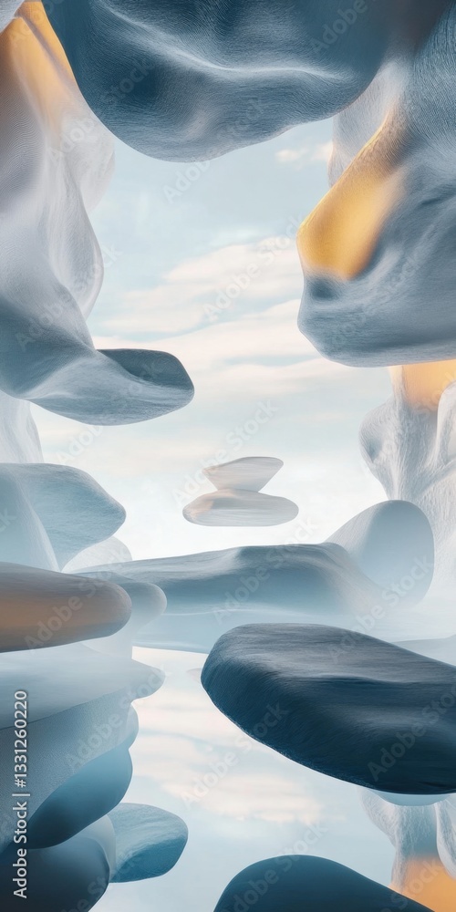 Aufkleber surreal dreamscape abstract floating forms in a serene, cloudy sky with reflections
