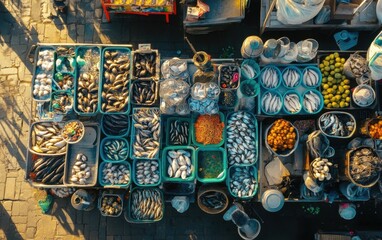 Fototapeta premium Vibrant Fish Market Stall Aerial View of Fresh Seafood, Shellfish, and Lemons in Colorful Containers.