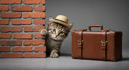 Shy Kitten with a hat hiding behind a brick wall next to a suitcase