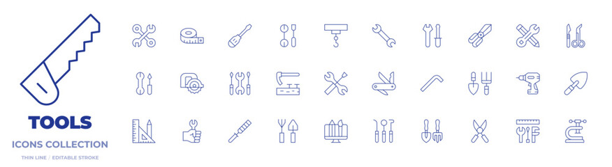 Tools icons collection. Thin Line icons, editable stroke. rasp, allen key, saw, wrench, clamp, adze, gardening tools, construction and tools, tools, tool