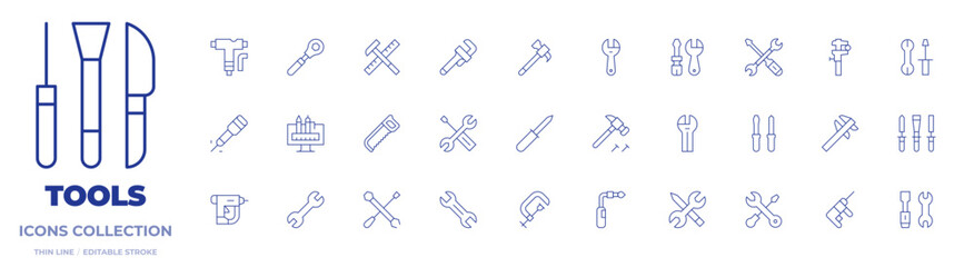 Tools icons collection. Thin Line icons, editable stroke. nail gun, hammer, measure, skate, clamp, rotary hammer, jackhammer, awl, caliper, torque wrench