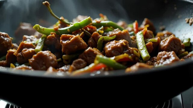Delicious Steaming Hot Wok Stir Fry with Meat and Green Beans