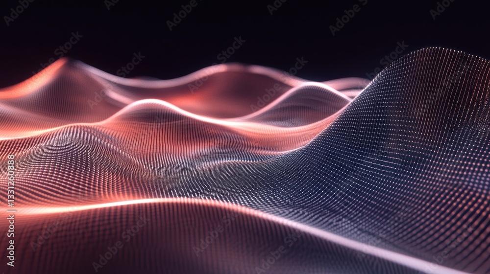 Poster abstract waveform landscape of glowing particles on dark background, technology and data visualizati