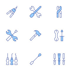 Tools icons set. Line Duotone style, editable stroke. pliers, awl, tools, repair tools, tool, spatula, hammer