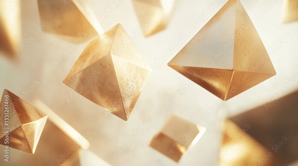 Poster abstract golden geometric shapes luxurious 3d render of floating pyramids on a soft background.