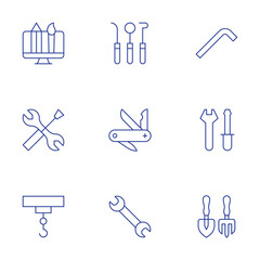 Tools icons set. Thin Line style, editable stroke. allen key, wrench, tools, creative tools, swiss army knife, dentist tools, hook