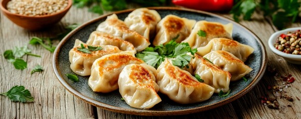 Plate of pan-fried dumplings with herbs on wooden table.