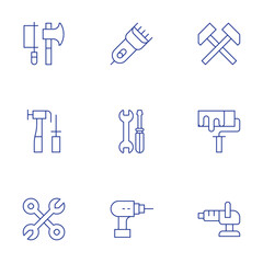 Tools icons set. Thin Line style, editable stroke. crossed hammers, paint roller, polisher, tools, tools and utensils, electric razor, wrench