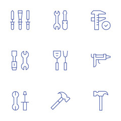 Tools icons set. Thin Line style, editable stroke. tools, repair tools, cooking utensils, hammer, measure, glue gun