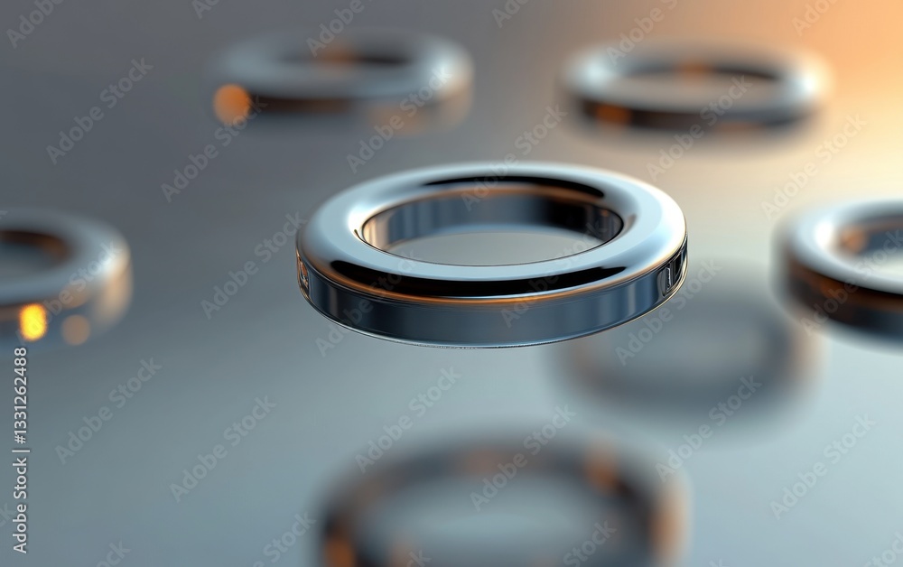 Poster chrome metal rings array with selective focus on reflective surface, high detail rendering.