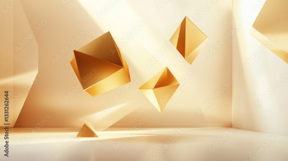 Aufkleber elegant golden geometric shapes floating in a minimalist abstract room with soft light.