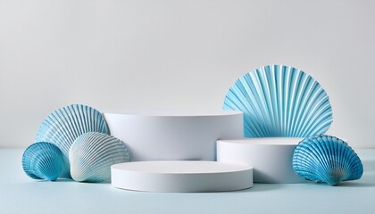 Minimal concept . White empty podiums with pale blue sea shells on white background .Generated image