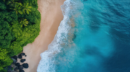 Aerial view of tropical beach with lush greenery and turquoise ocean waves