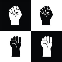 Raised fist icon in black and white design