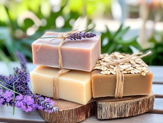 Handmade soaps with lavender and oats, arranged on a wooden slice, surrounded by greenery, evoke a natural, serene feel.