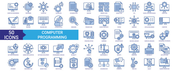 Computer Programing icon collection set. Containing performing, cpu, computing, integration, testing, analysis, generating, algorithms, hardware and debugging icon. Simple blue vector.
