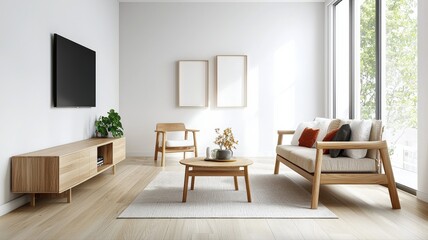Fototapeta premium Bright minimalist living room with neutral tones, modern wooden furniture, and soft natural lighting