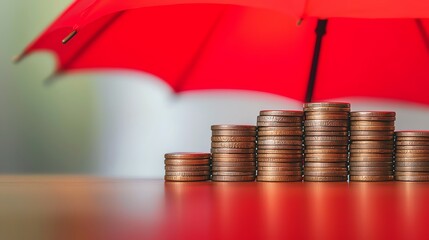 Coins protected by a red umbrella on a table.