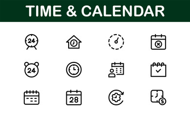 Time and Calendar Icons. Comprehensive Set for Scheduling, Planning, and Time Management Projects