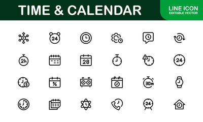 Time and Calendar Icons. Comprehensive Set for Scheduling, Planning, and Time Management Projects