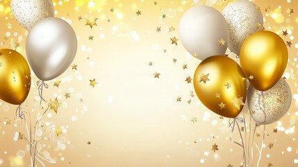 Gold and White Balloons with Confetti on a Festive Background