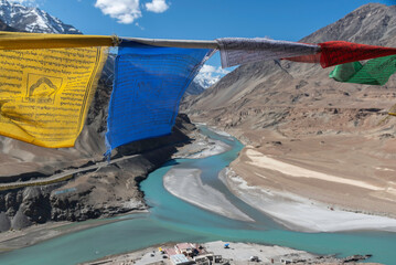 Tibetan prayer flags  Close view of prayers flags