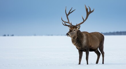 Obraz premium Majestic Red Deer in Winter Wonderland - A majestic red deer stag stands proudly in a snowy landscape, its antlers reaching towards a clear winter sky