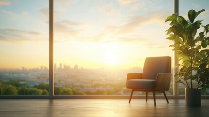 Fototapeta premium Cozy Chair in Bright Room with Sunset View Over City Landscape