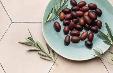 Kalamata olives with olive branches served on a modern plate