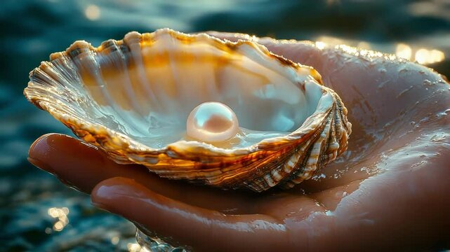 A hand holding a shell with a pearl, reflecting soft sunlight.