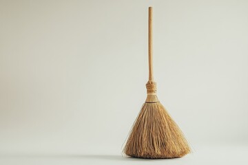 A single upright straw broom standing on a white surface