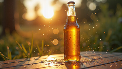 Cold beer bottle with condensation on wooden table at sunset, summer refreshment