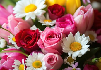 Fototapeta premium Colorful bouquet featuring a variety of flowers such as roses, daisies, tulips, and peonies arranged in a harmonious blend of vibrant colors and natural beauty