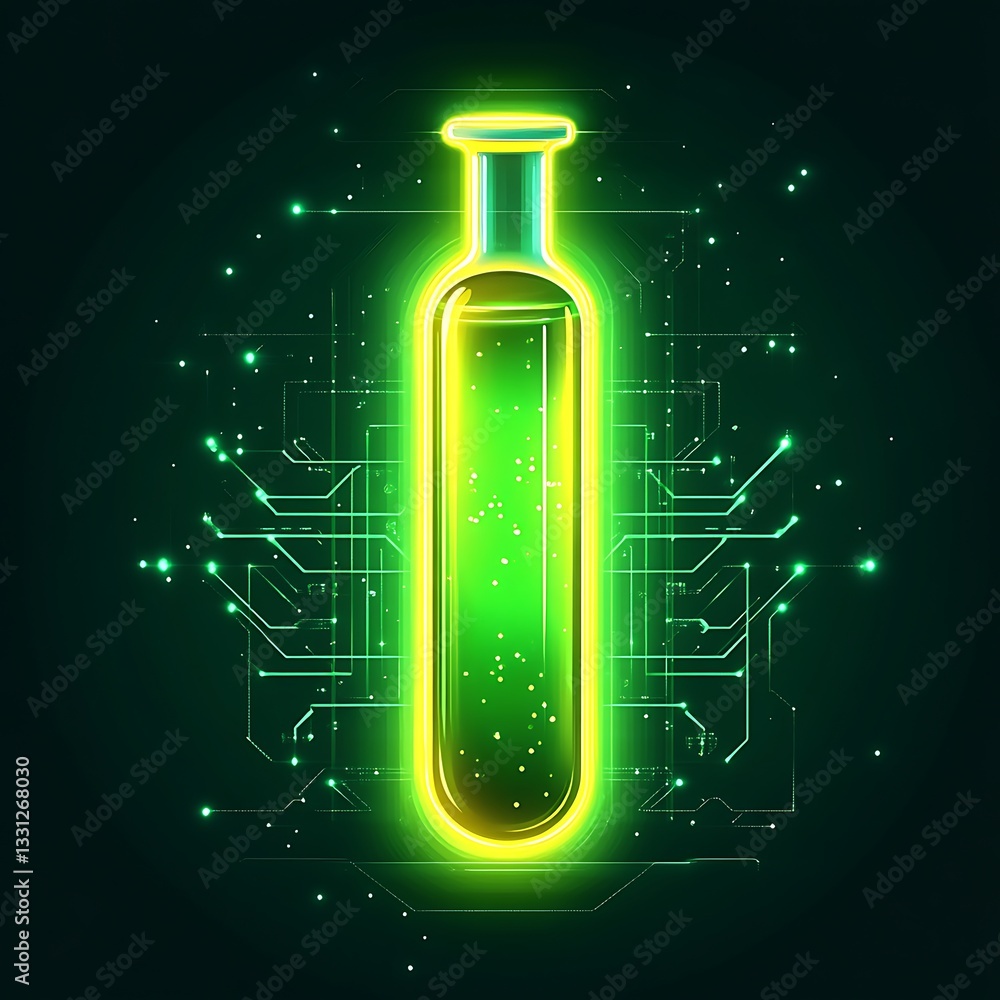 Poster a glowing laboratory flask surrounded by digital circuit patterns