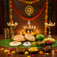 Cultural Happy Ugadi scene with banana leaf meal featuring Puran Poli, Mango Pachadi, fresh fruits, golden lighting, floral garlands, and festive traditional decorations