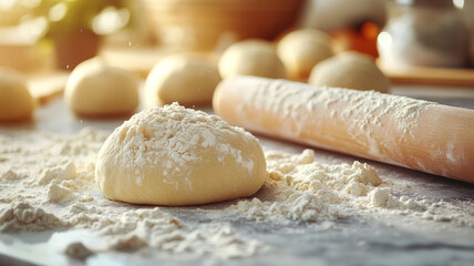 Ball of dough with flour and rolling pin on a rustic table.