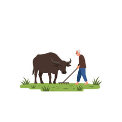 Obraz premium Farmer working with water buffalo in a green field flat vector illustration