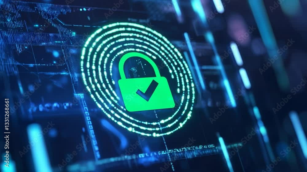 Poster digital cybersecurity concept with padlock and checkmark symbol depicting online safety, encryption 