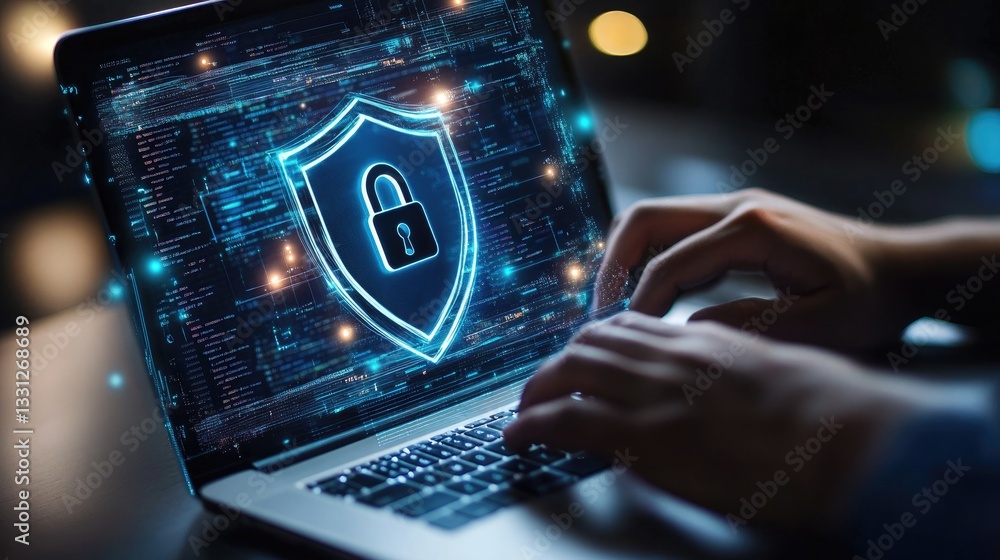 Poster cybersecurity protection digital shield on laptop screen showing online data security and privacy