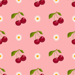 Seamless red cherry pattern design, flat cherry pattern template vector.