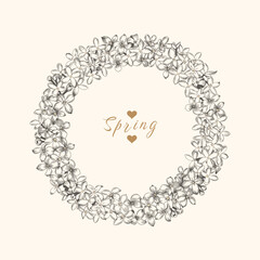Wreath of lilac flowers. Black and white. Vector floral illustration. Round frame. Linear art.
