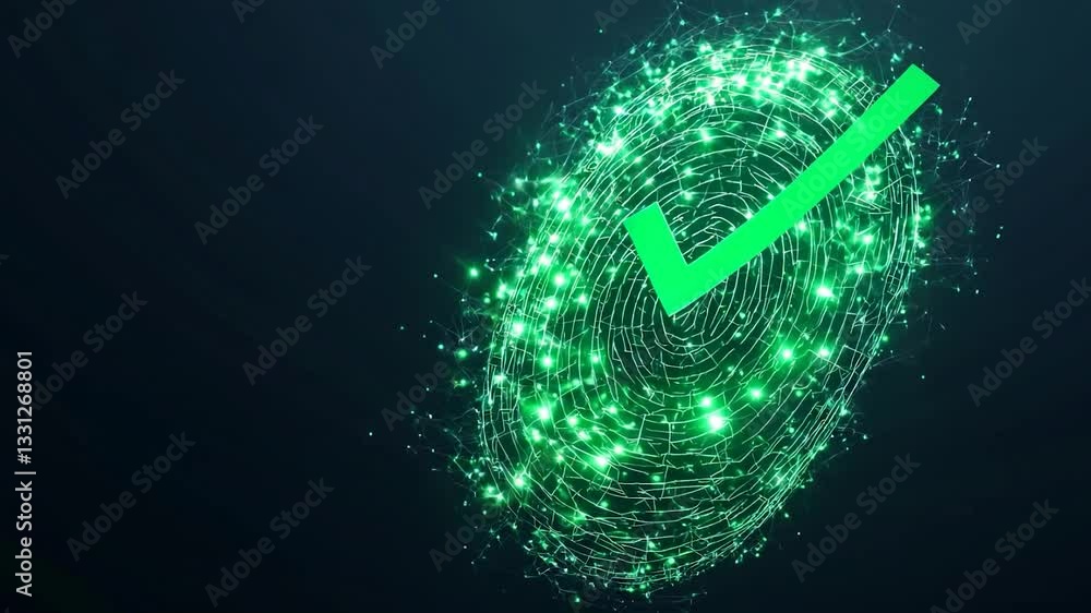 Poster abstract digital fingerprint with glowing particles and a green checkmark symbolizing security, tech